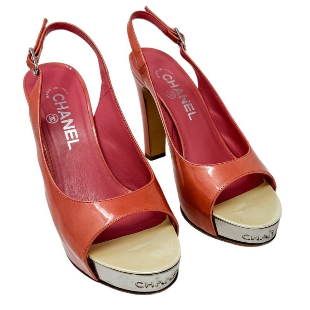 Chanel Pink Patent Leather Platform Slingback Heels Silver CC 37.5